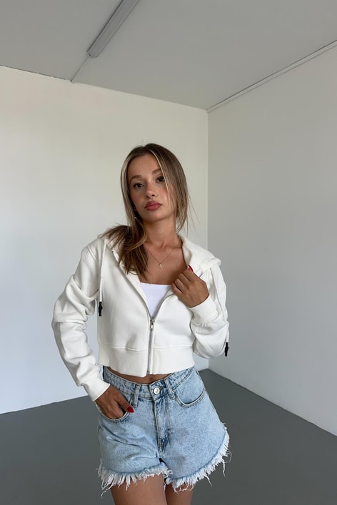 Fermuarlı Crop Hırka Beyaz