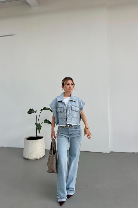 Cepli Denim Yelek Buz Mavi