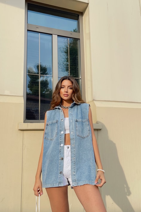 Çıtçıtlı Denim Yelek Buz Mavi