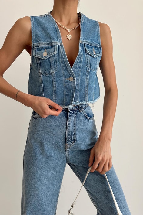 Crop Denim Yelek Mavi