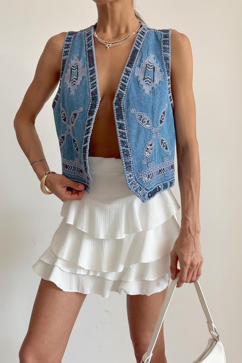 Etnik Denim Yelek Mavi