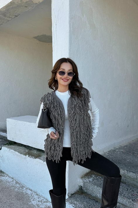 Püsküllü Yelek Vizon