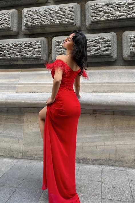 Full Drape Otriş Şifon Abiye Kırmızı