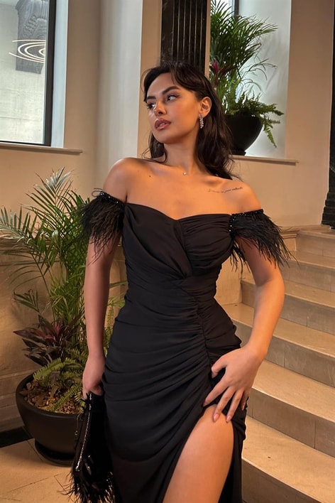 Full Drape Otriş Şifon Abiye Siyah