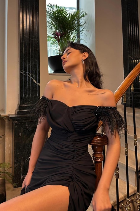 Full Drape Otriş Şifon Abiye Siyah