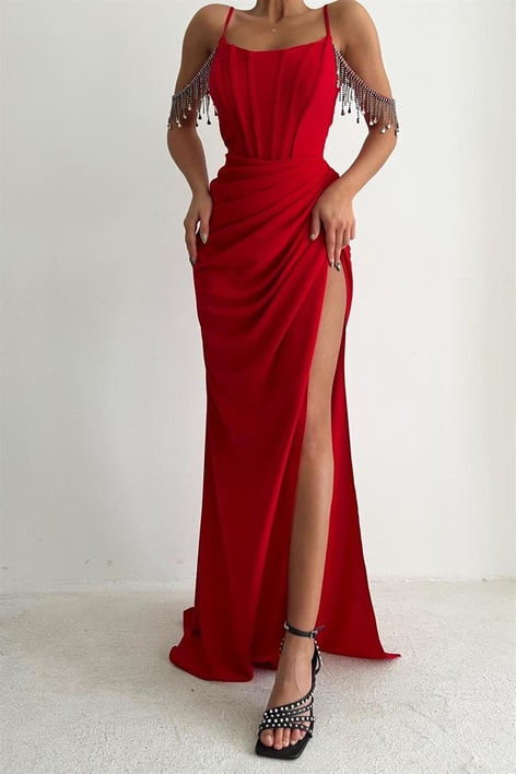 Luster Drape Derin Yırtmaç Abiye Kırmızı