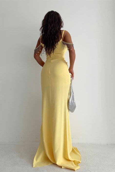 Luster Drape Derin Yırtmaç Abiye Sarı
