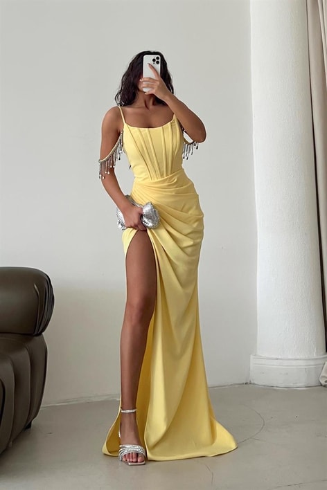 Luster Drape Derin Yırtmaç Abiye Sarı