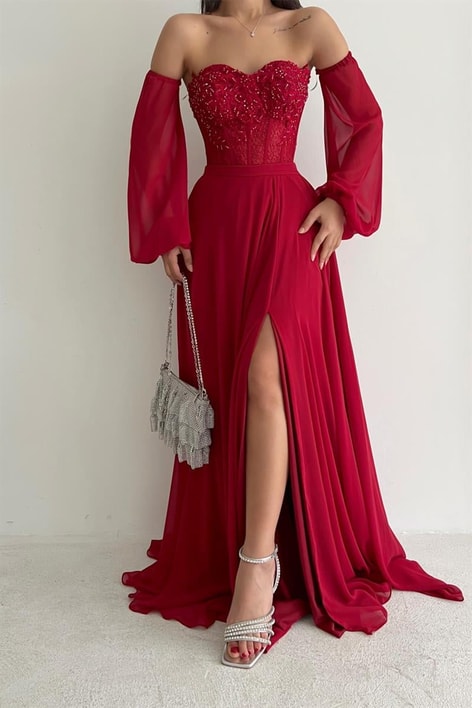 Şifon Comely Abiye Kırmızı