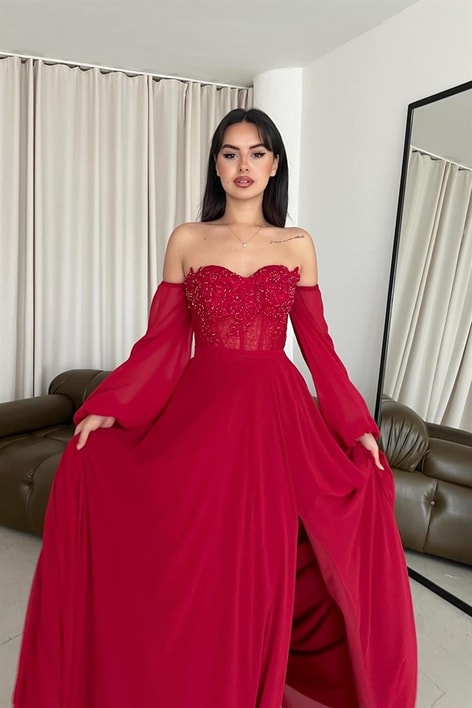 Şifon Comely Abiye Kırmızı