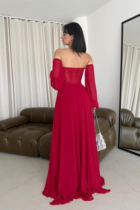 Şifon Comely Abiye Kırmızı