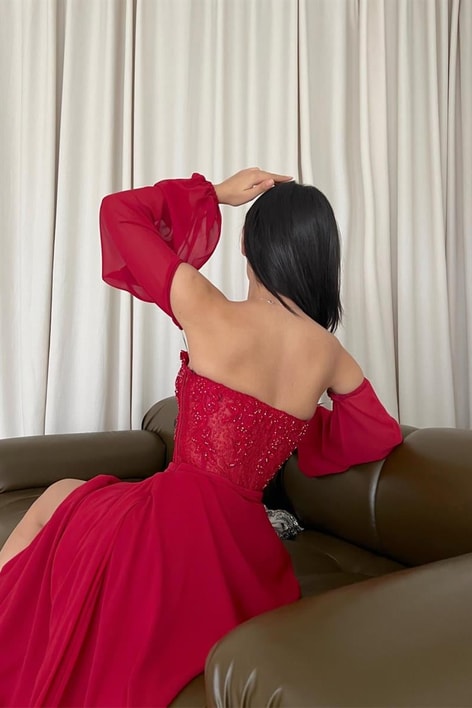 Şifon Comely Abiye Kırmızı