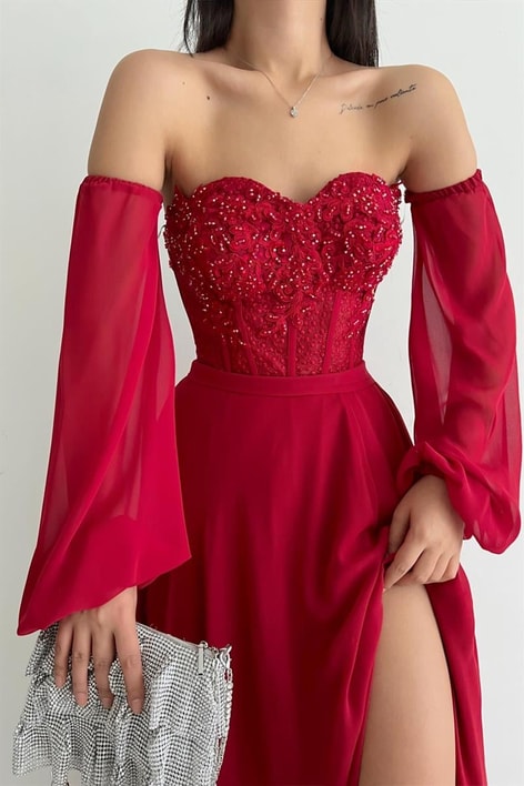 Şifon Comely Abiye Kırmızı