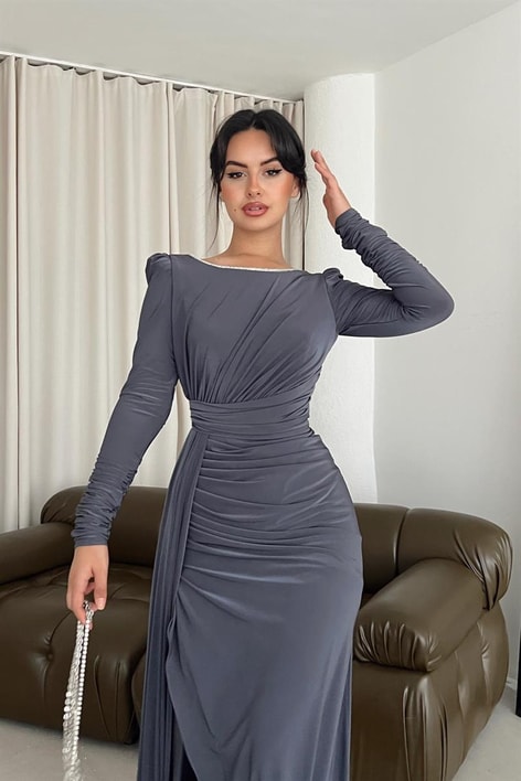 Sırt Dekolteli Su Yolu Vıola Abiye Gri