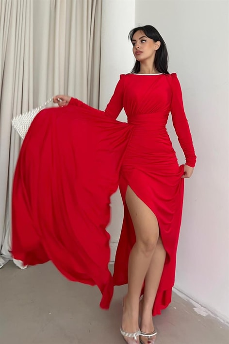 Sırt Dekolteli Su Yolu Vıola Abiye Kırmızı