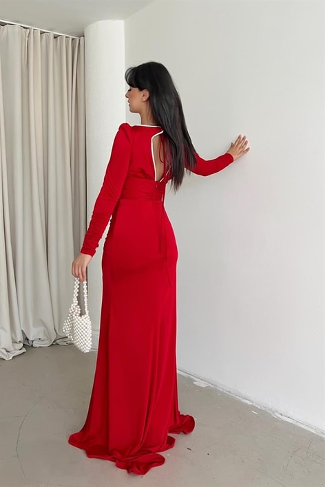 Sırt Dekolteli Su Yolu Vıola Abiye Kırmızı