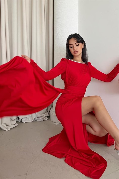 Sırt Dekolteli Su Yolu Vıola Abiye Kırmızı