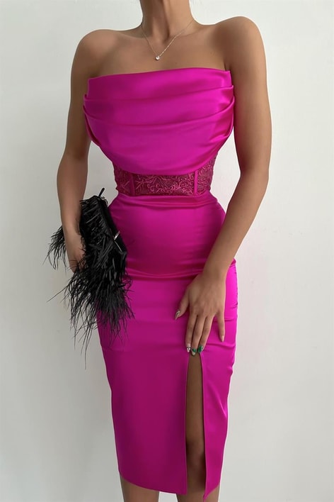 Straplez Drape Midi Abiye Fuşya