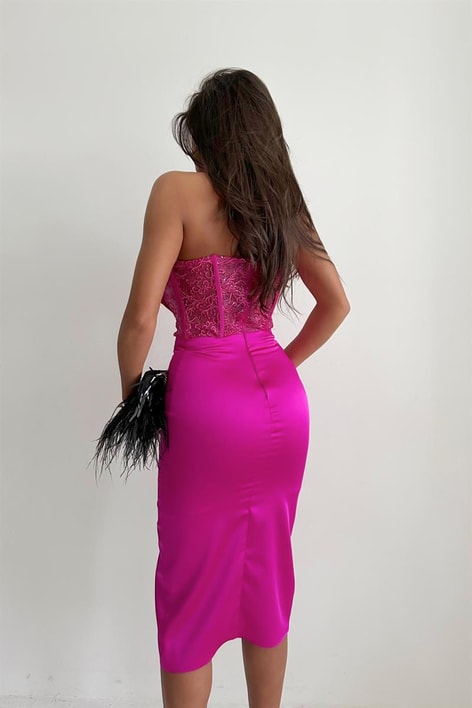 Straplez Drape Midi Abiye Fuşya