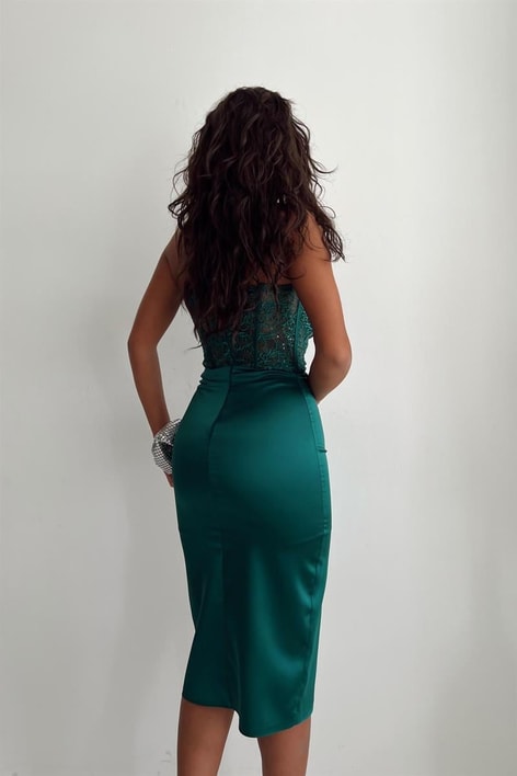 Straplez Drape Midi Abiye Zümrüt Yeşili