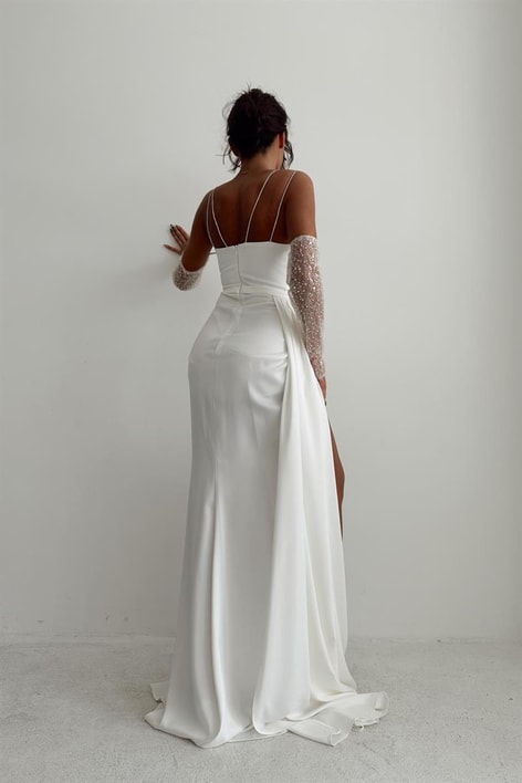 Su Yolu Payet Yaka Abiye Beyaz