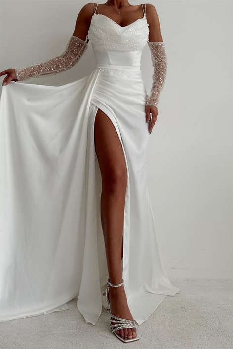 Su Yolu Payet Yaka Abiye Beyaz