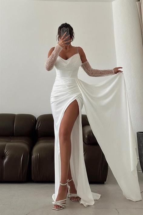 Su Yolu Payet Yaka Abiye Beyaz