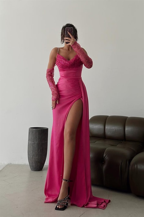 Su Yolu Payet Yaka Abiye Fuşya