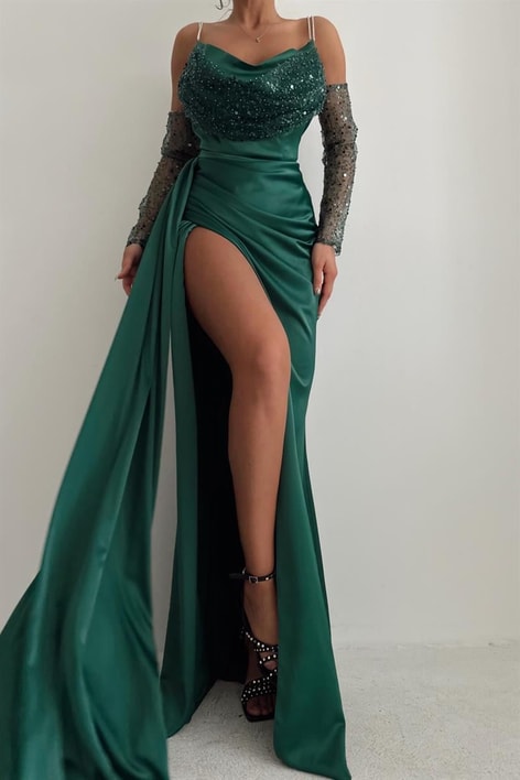 Su Yolu Payet Yaka Abiye Zümrüt Yeşili