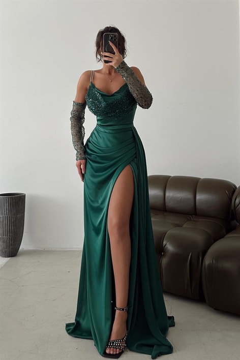 Su Yolu Payet Yaka Abiye Zümrüt Yeşili