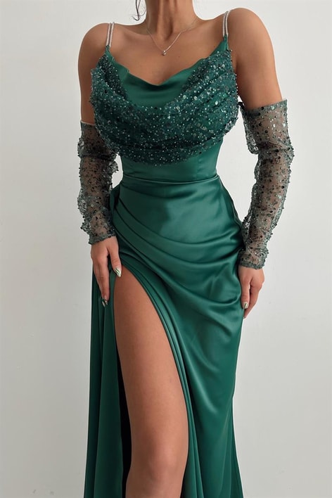 Su Yolu Payet Yaka Abiye Zümrüt Yeşili