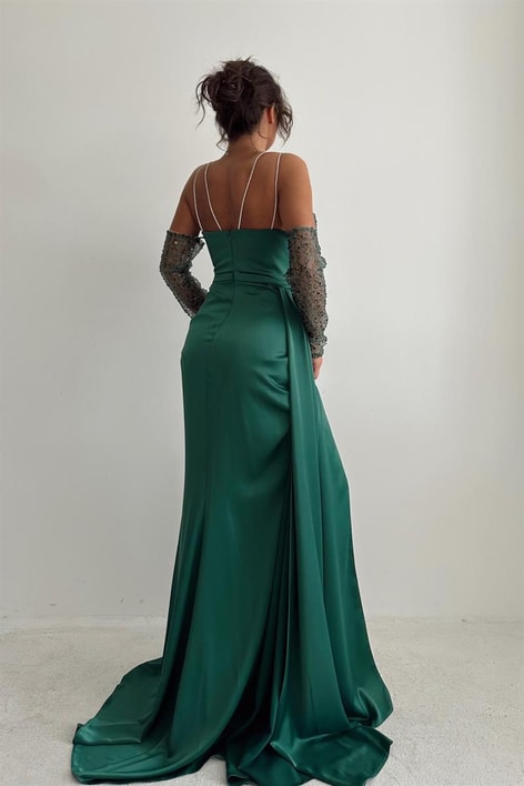 Su Yolu Payet Yaka Abiye Zümrüt Yeşili