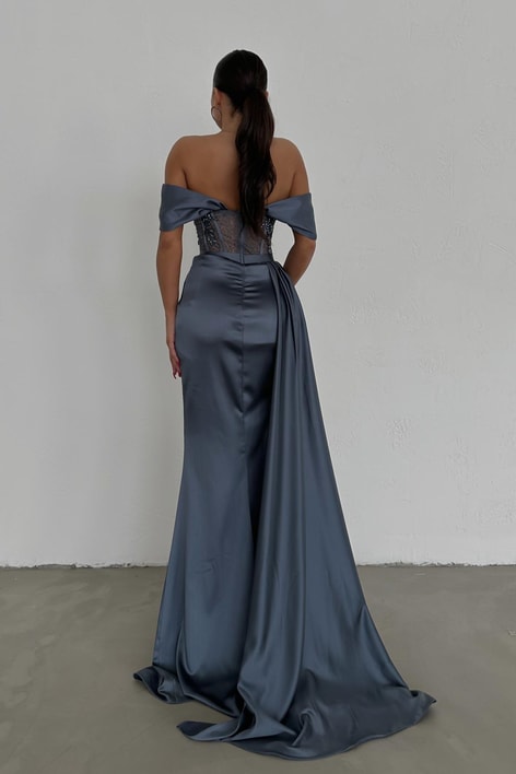 Transparan Taş İşlemeli Abiye Antrasit