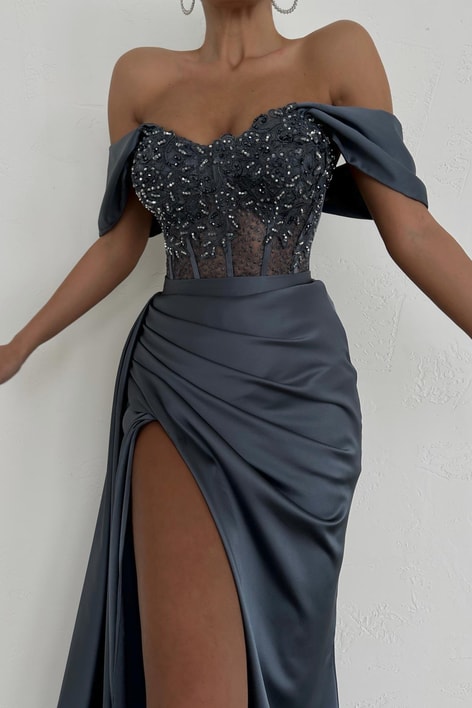 Transparan Taş İşlemeli Abiye Antrasit