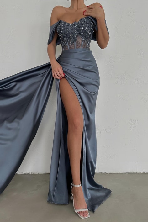 Transparan Taş İşlemeli Abiye Antrasit