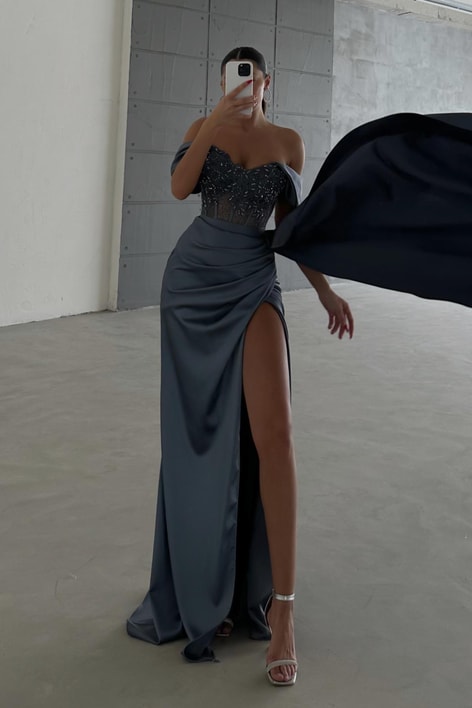 Transparan Taş İşlemeli Abiye Antrasit