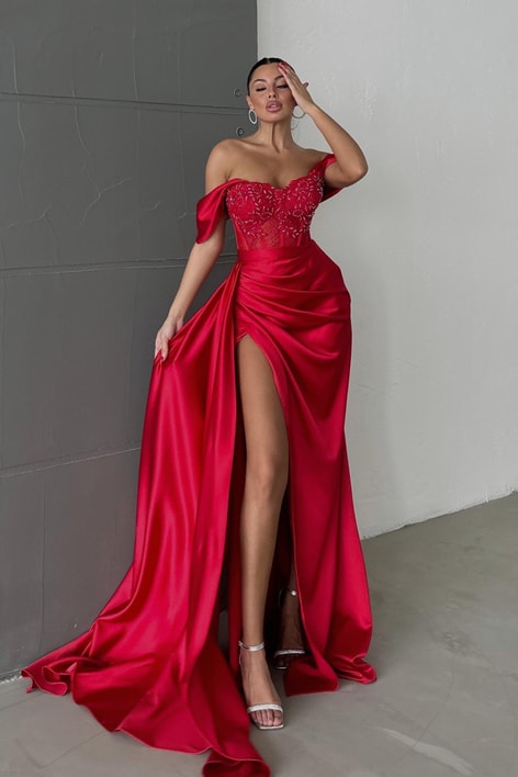 Transparan Taş İşlemeli Abiye Kırmızı