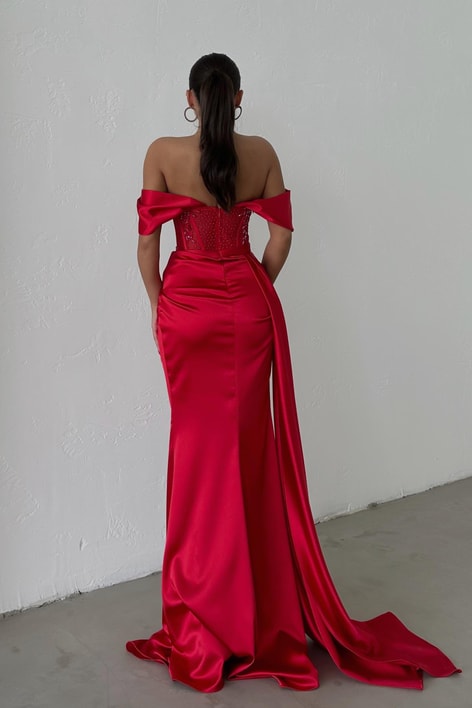 Transparan Taş İşlemeli Abiye Kırmızı