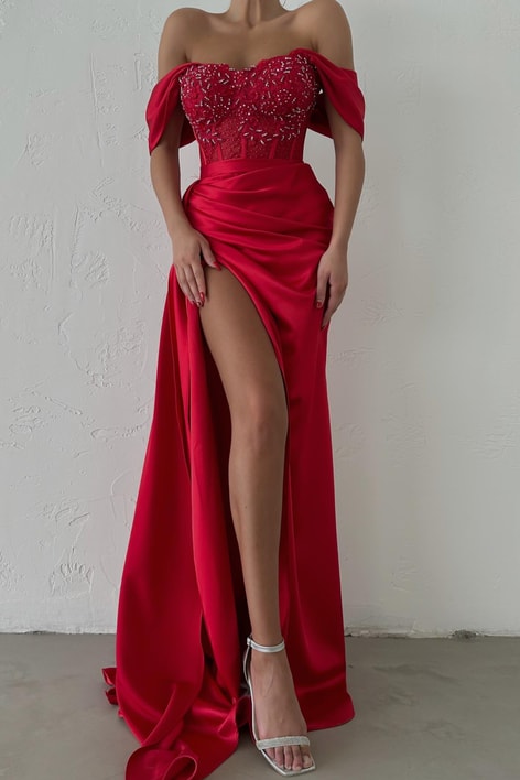 Transparan Taş İşlemeli Abiye Kırmızı