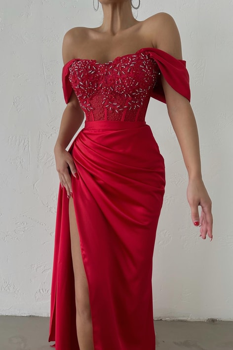 Transparan Taş İşlemeli Abiye Kırmızı