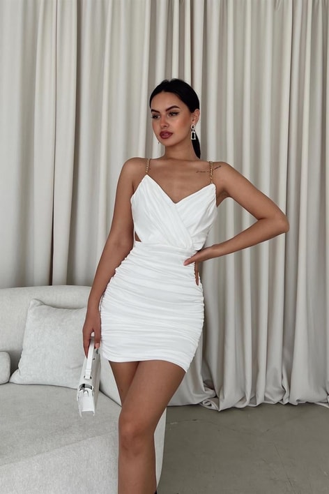 Zincir Askılı Saten Cut Out Abiye Beyaz