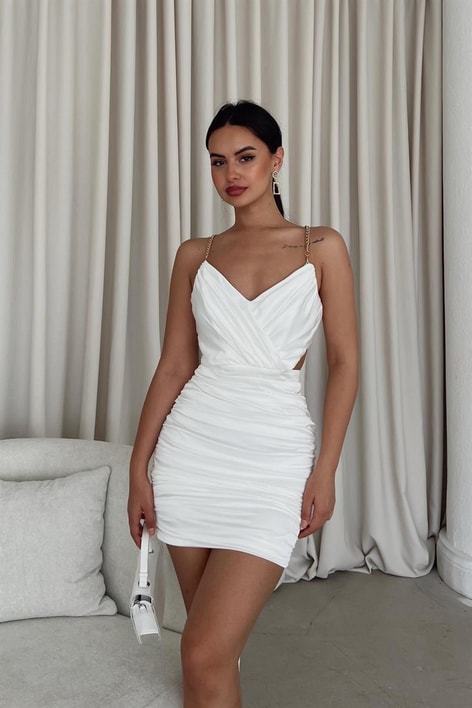 Zincir Askılı Saten Cut Out Abiye Beyaz