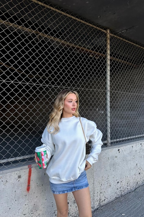 Balon Kol Oversize Sweat Beyaz