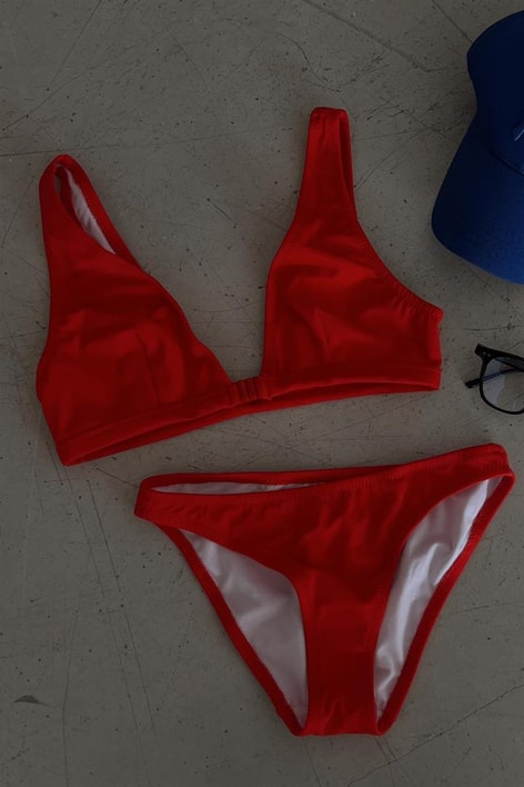V Yaka Basic Bikini Nar Çiçeği