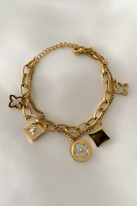 Sedefli Çelik Zincir Bileklik Gold