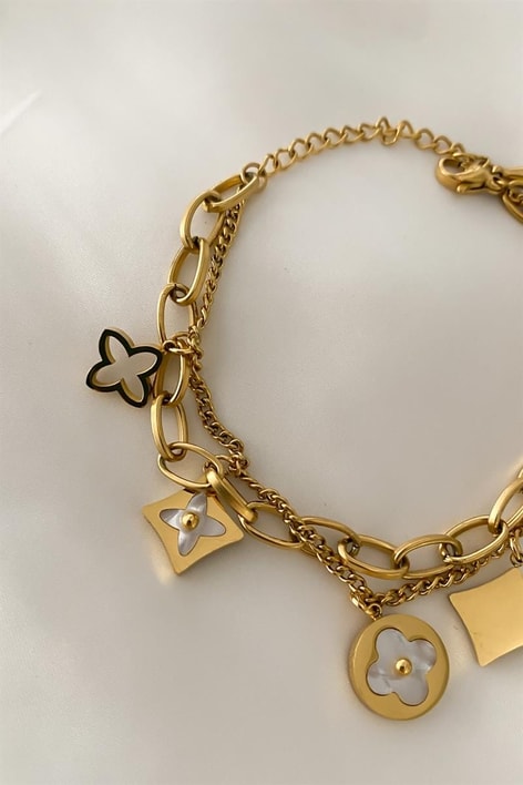 Sedefli Çelik Zincir Bileklik Gold