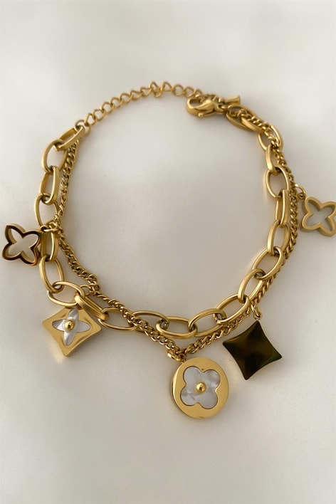 Sedefli Çelik Zincir Bileklik Gold