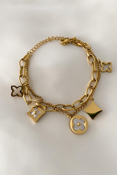 Sedefli Çelik Zincir Bileklik Gold