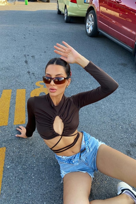 Bağlama Detay Boğazlı Bluz Acı Kahve