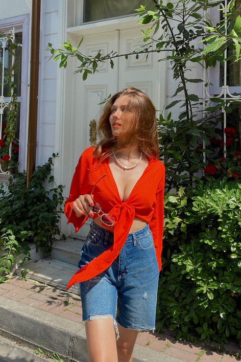 Bağlamalı Keten Bluz Nar Çiçeği